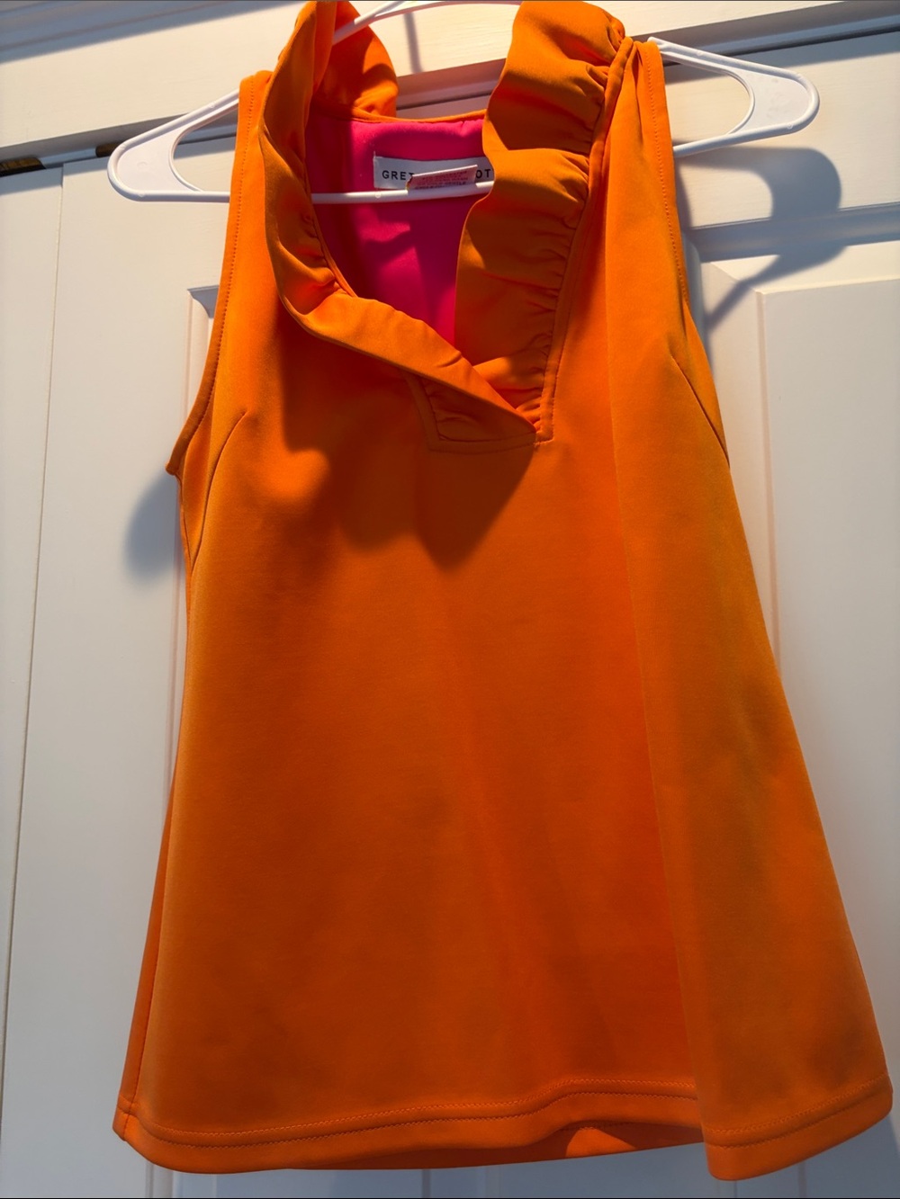 Gretchen Scott Designs Orange Ruffle Neckline Top with Pink Lining